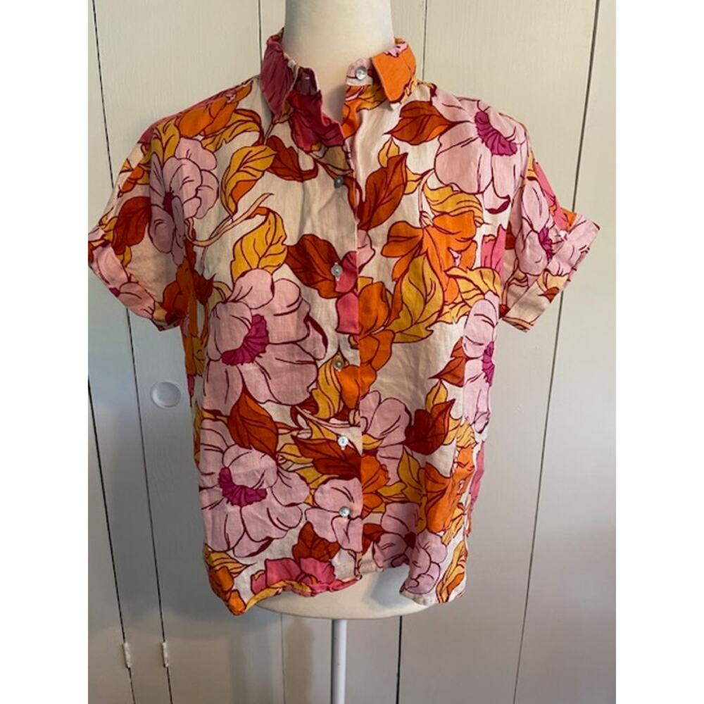 Rachel Women's Short Sleeve Hawaiian Floral 100% Linen Button Front Shirt